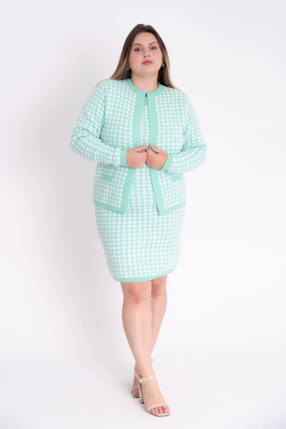 Conjunto de Tricot Feminino Pied-de-Poule com Casaco e Vestido