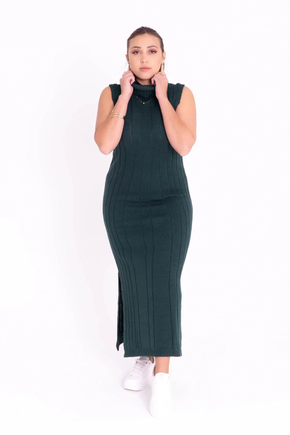 Vestido de Tricot Longo Sem Mangas com Gola Alta