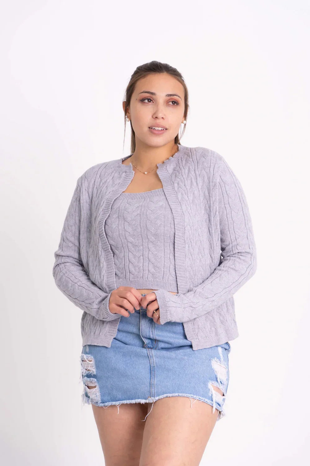 Conjunto Modal de Tricot com Cardigan e Cropped