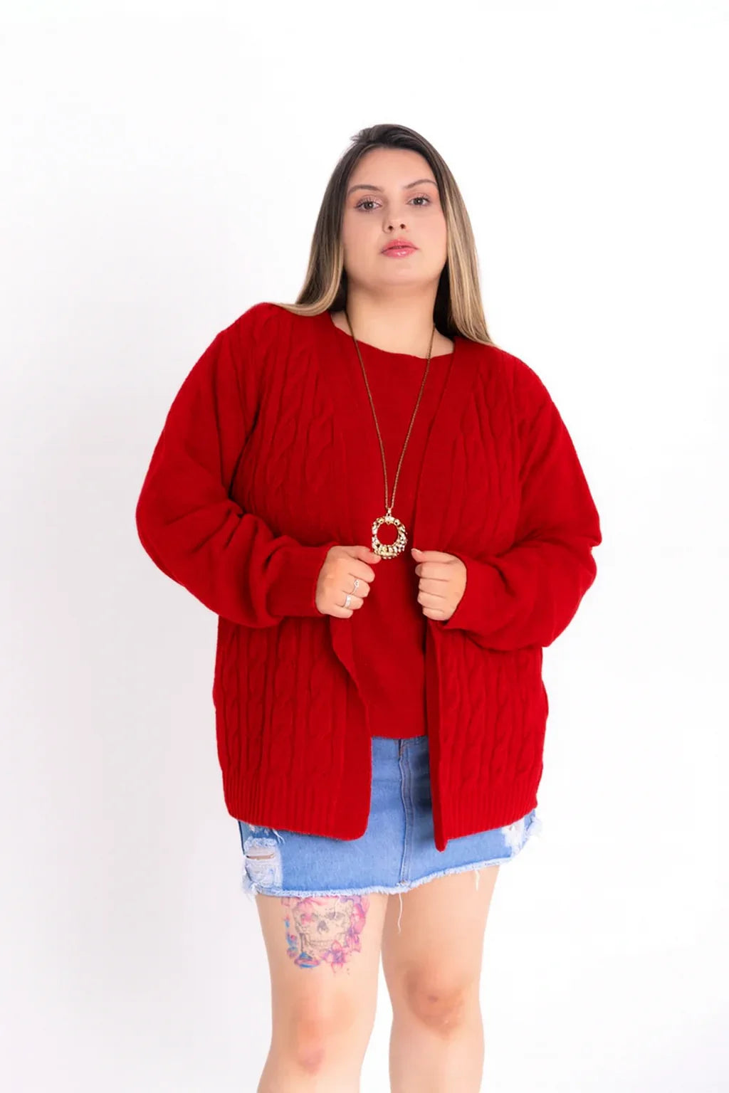 Conjunto Plus Size de Tricot Feminino com Blusa e Cardigan