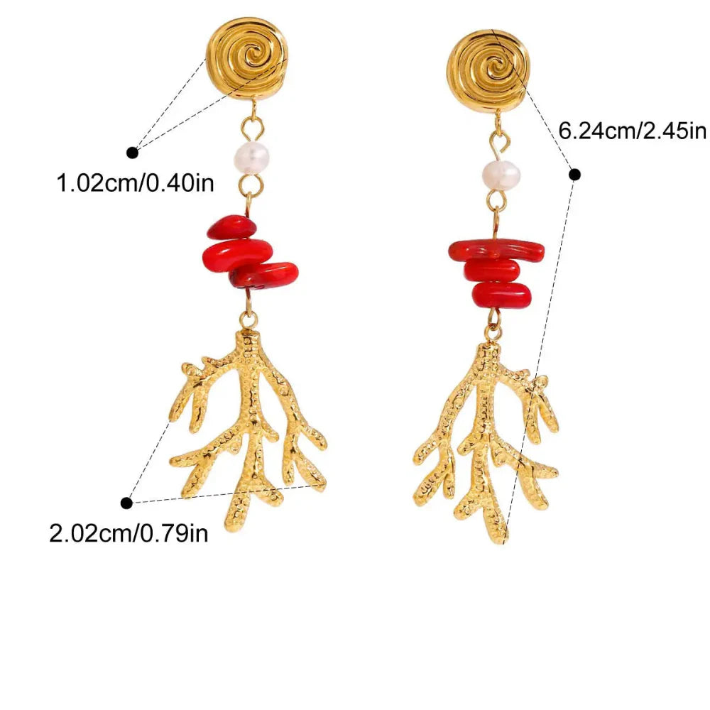 Brincos Elegantes de Coral Vermelho e Pérola