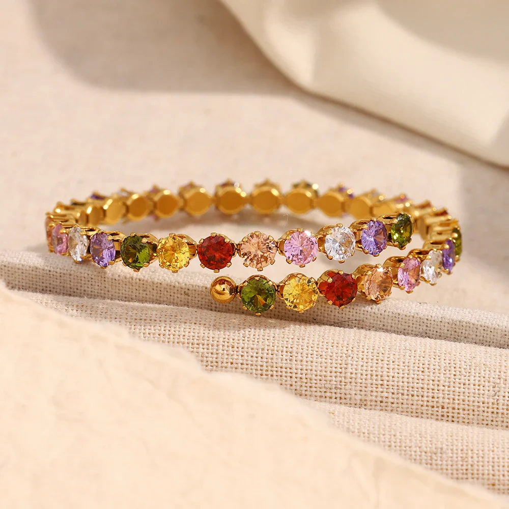 Pulseira Luxuosa de Zircão Multicolorido Banhada a Ouro