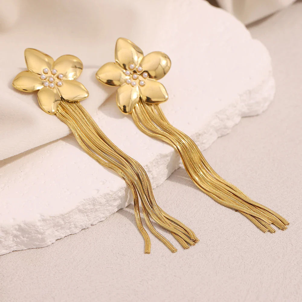 Brincos Florais de Borla Banhados a Ouro 18K