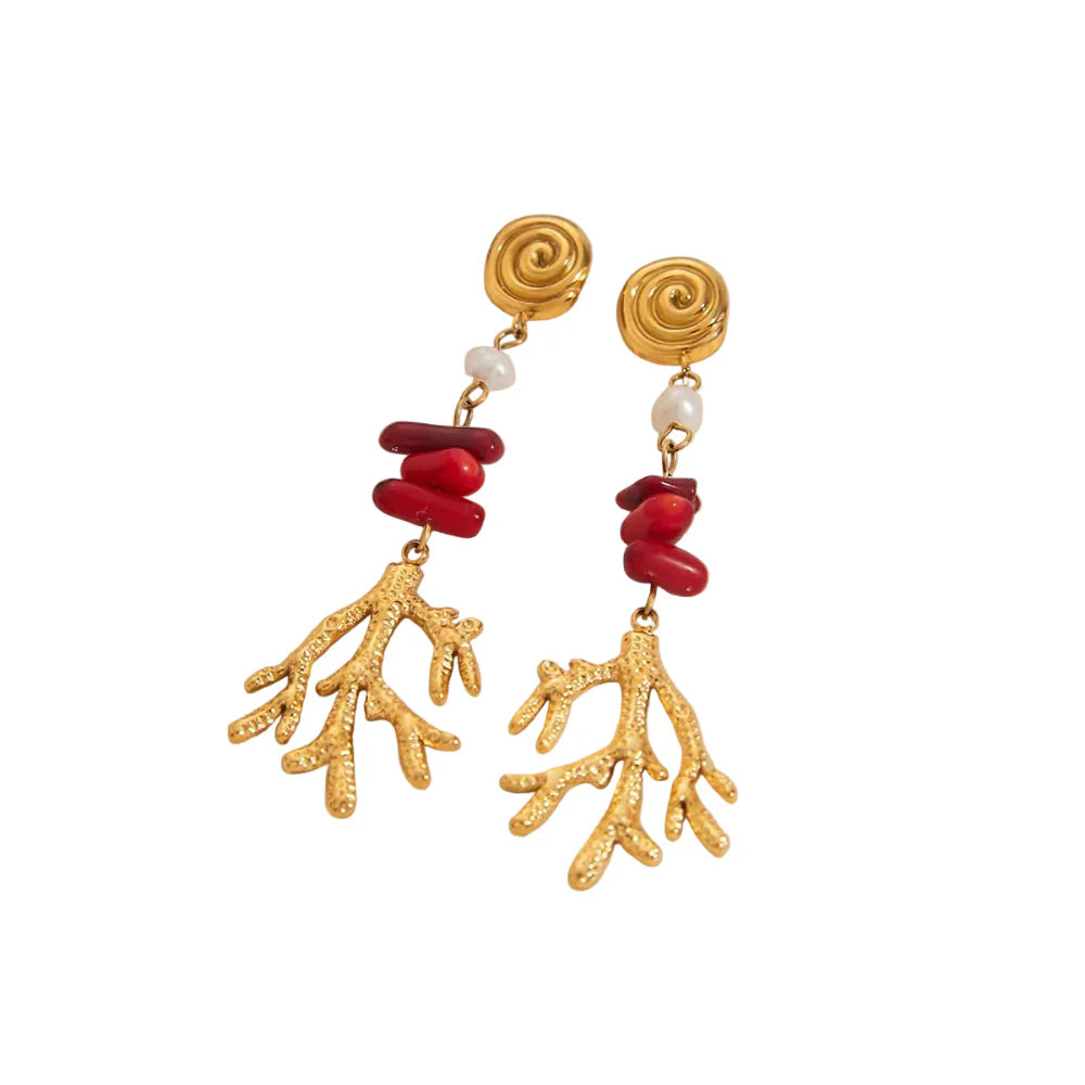 Brincos Elegantes de Coral Vermelho e Pérola