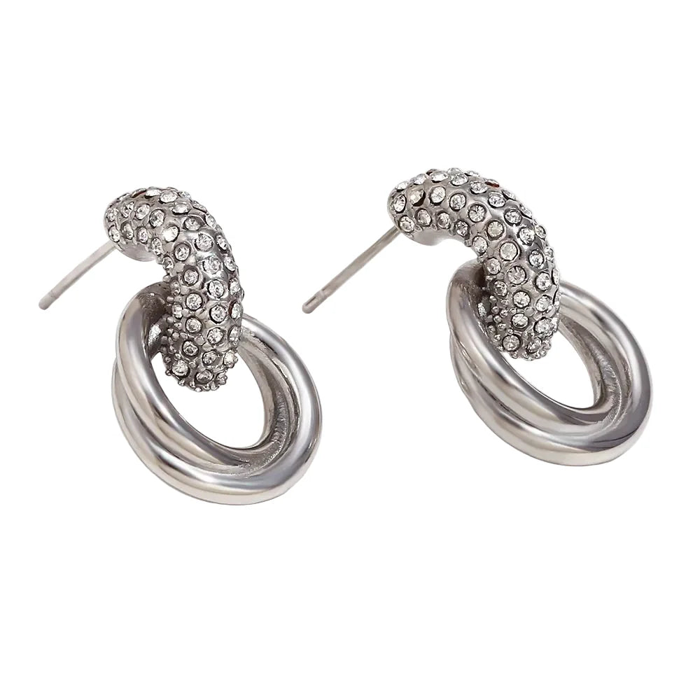Brincos Duplos de Zircão em Aço Inoxidável