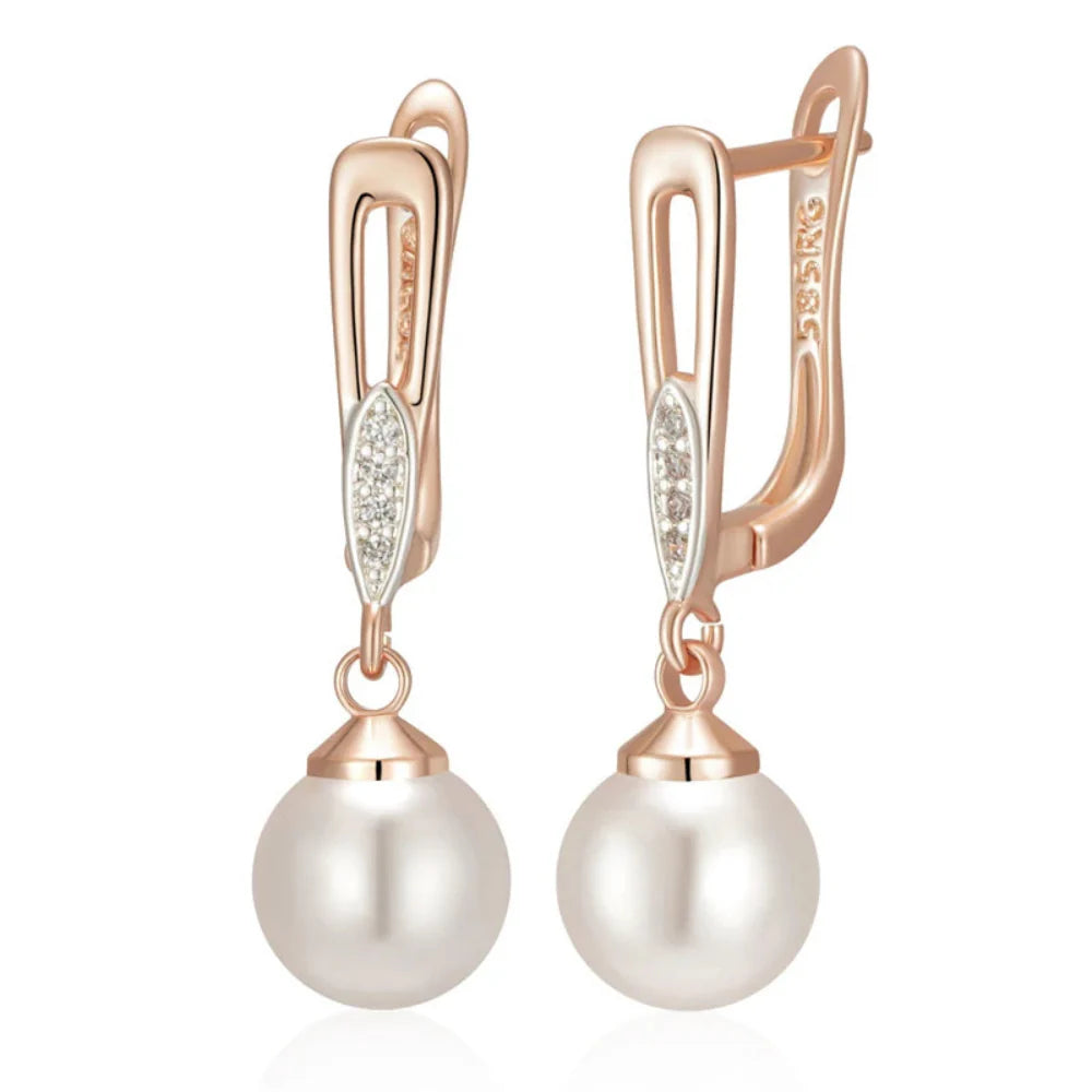 Brincos Geométricos de Pérola Luxo Ouro Rosa 585