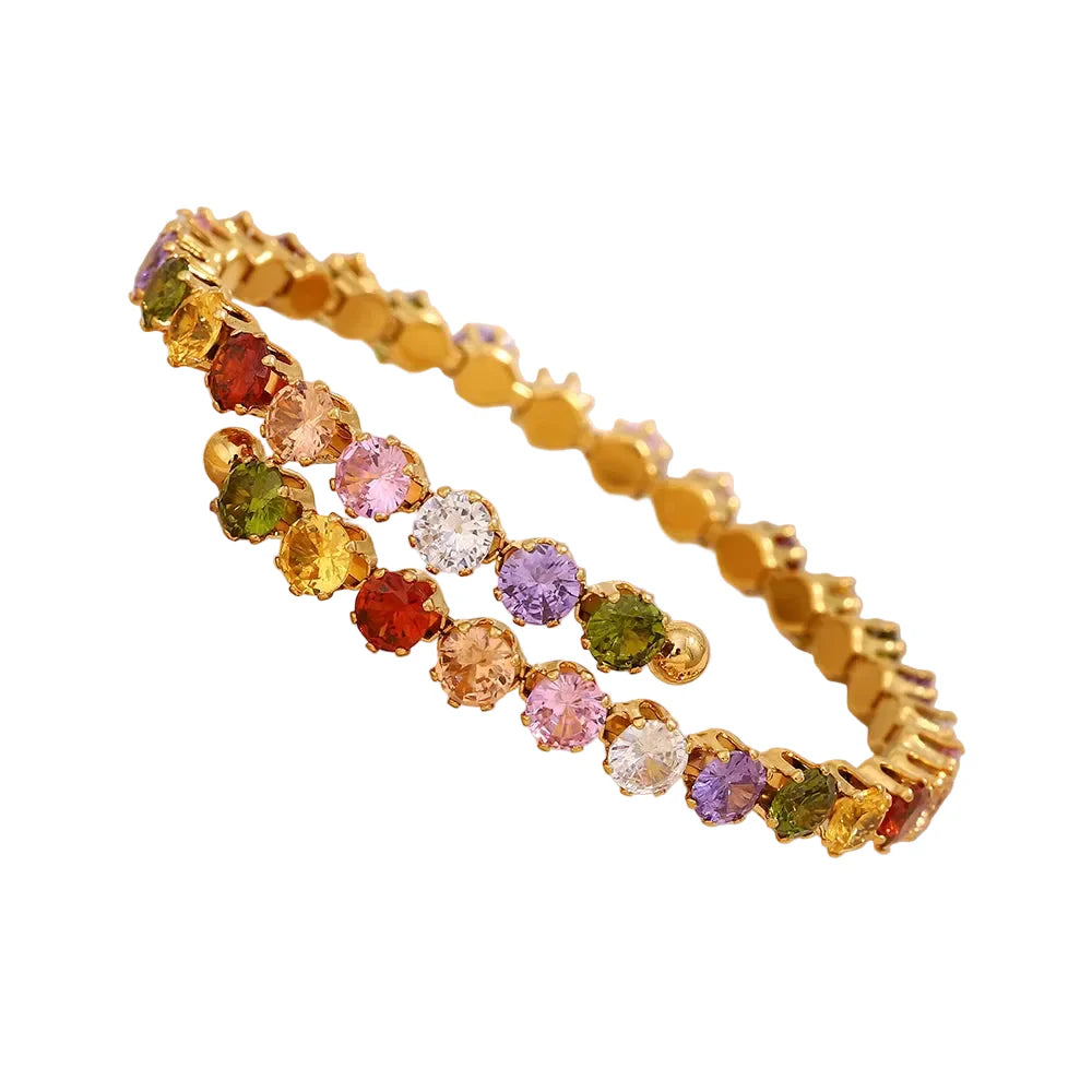 Pulseira Luxuosa de Zircão Multicolorido Banhada a Ouro
