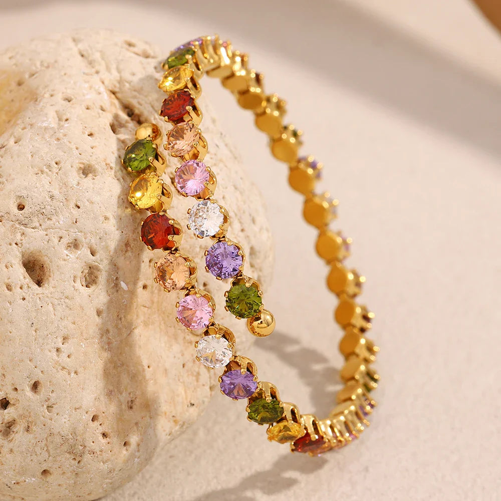 Pulseira Luxuosa de Zircão Multicolorido Banhada a Ouro