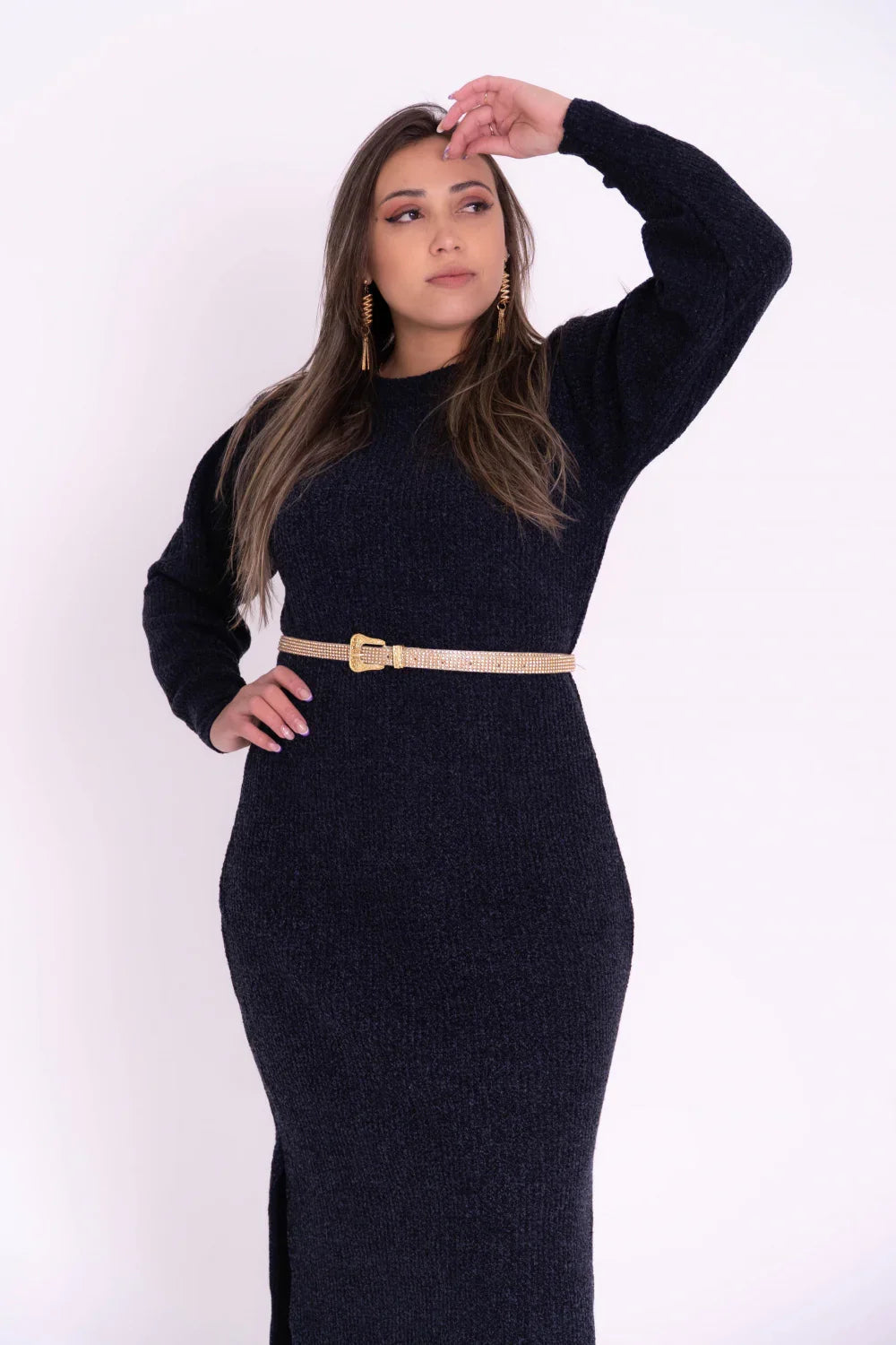 Vestido de Tricot Mousse com Fenda Lateral Plus Size