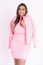 Conjunto de Tricot Feminino Pied-de-Poule com Casaco e Vestido